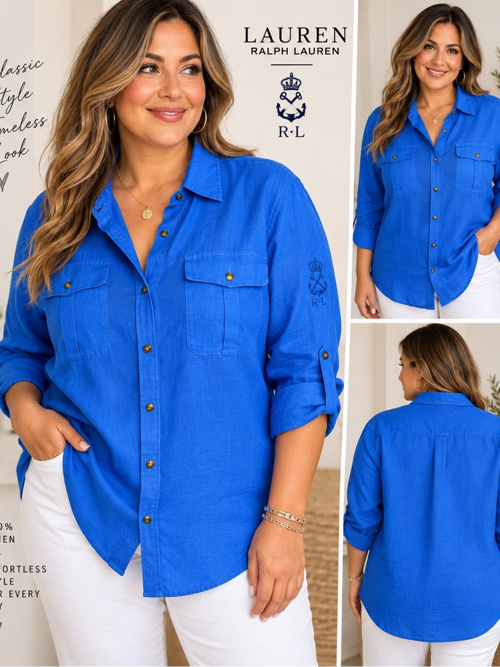 Lauren Ralph Lauren 2X Blue 100% Linen Button Down Shirt Nautical Embroidered
